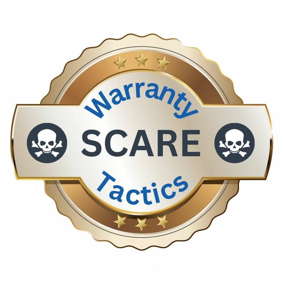 Gold seal skull and crossbones on the side, text reads: warranty scare tactics