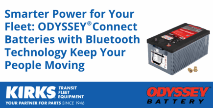 ODYSSEY Connect Bluetooth batteries for fleet power, featured alongside Kirk's Transit Fleet Equipment branding.