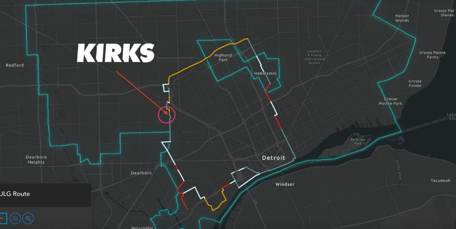 Joe Louis Greenway map highlighting where KIRKS is located