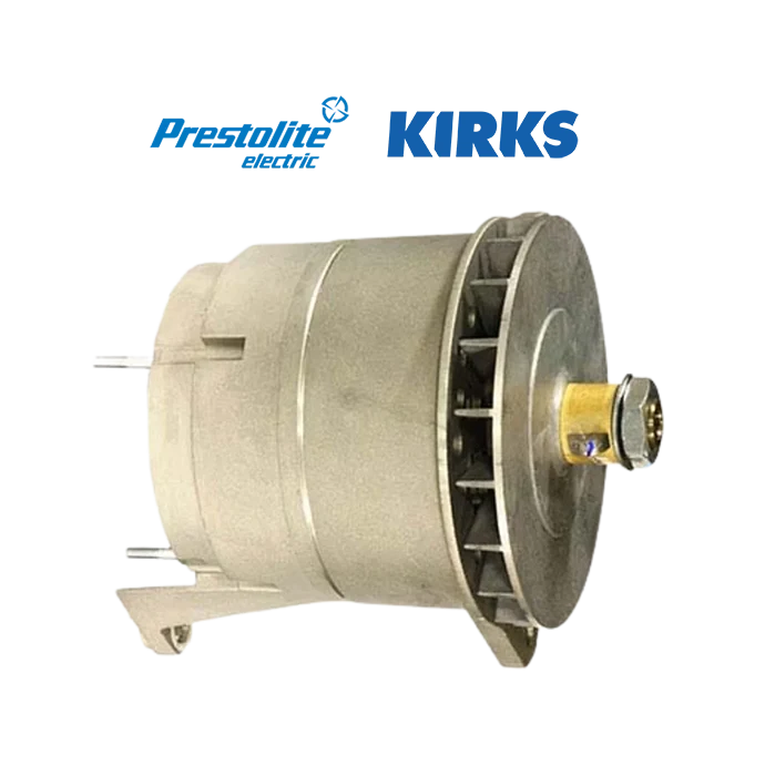 Silver automobile alternator with a circular design and metal components, featuring branding of two companies above.