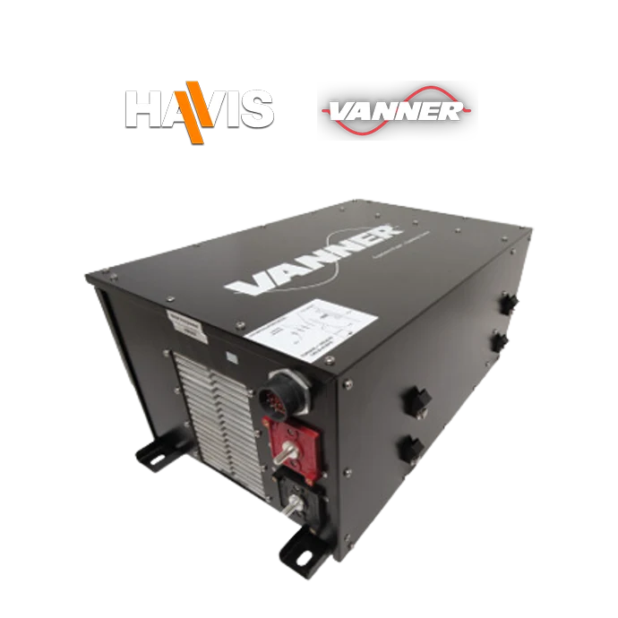 Vanner power inverter with Havis and Vanner logos on a black background, showcasing connections and specifications.